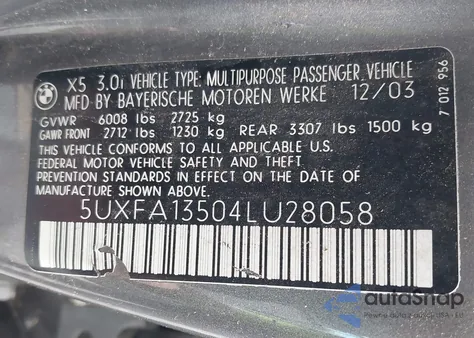 2004 BMW X5 3.0I z USA, uszkodzony, nr VIN 5UXFA13504LU28058